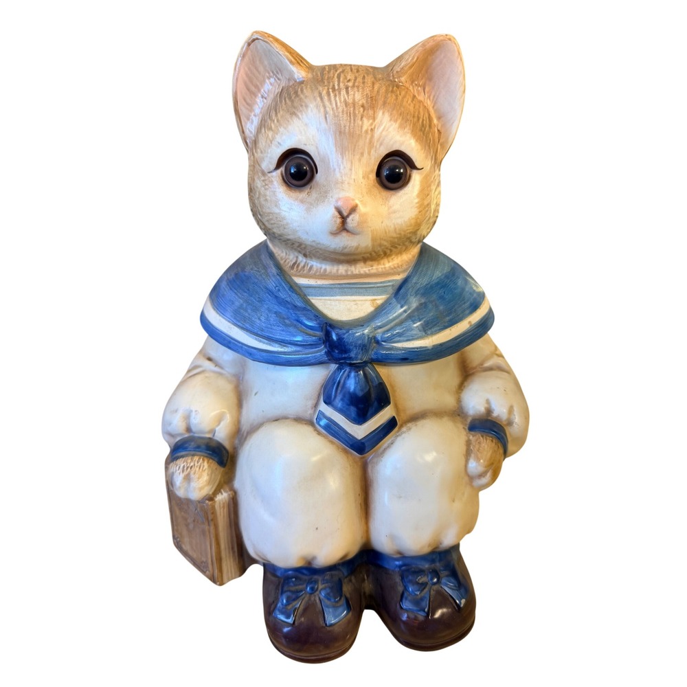 Vintage Sailor Cat Cookie Jar Large Blue White Fair Kitsch Sailorcore Nautical